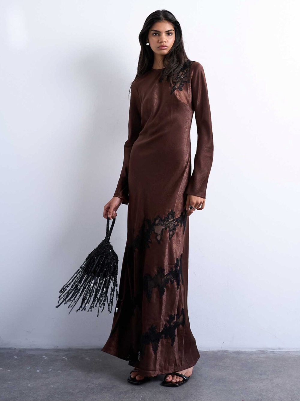 Topshop cutwork lace insert long sleeve maxi dress in chocolate